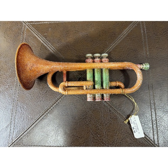 Other - Vintage Style Glitter Trumpet Christmas Ornament Patina Orange Green Musical